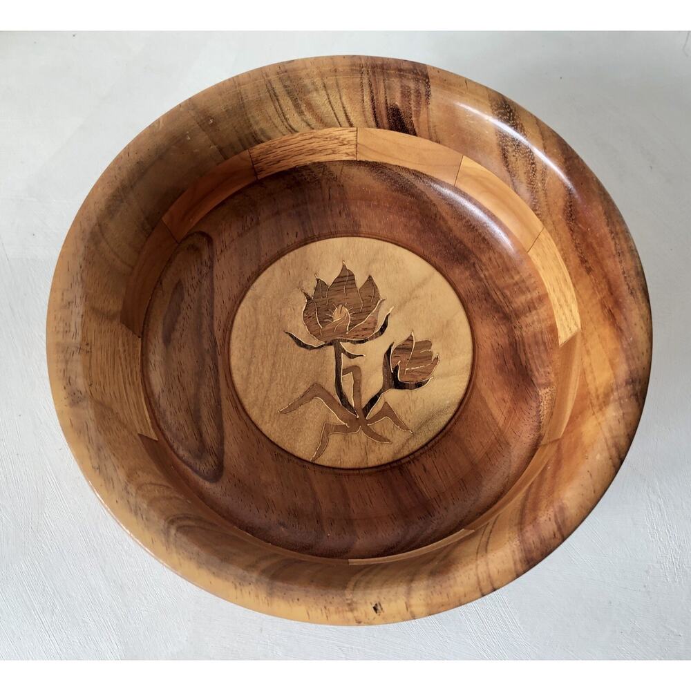 Handcrafted Wood Bowl Canada Inlaid Tulip Flower Design Woodcraft By Dave 7-1/2”